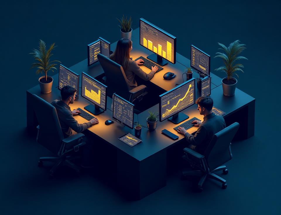 Team of analysts reviewing UK bookmaker data and comparing betting odds on multiple screens